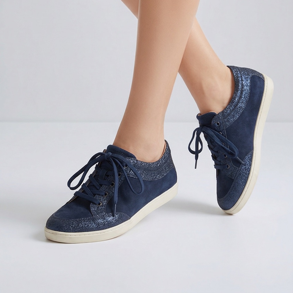 Antonio Melani blue leather glitter shimmer lace up tennis shoes sneakers sz 8.5